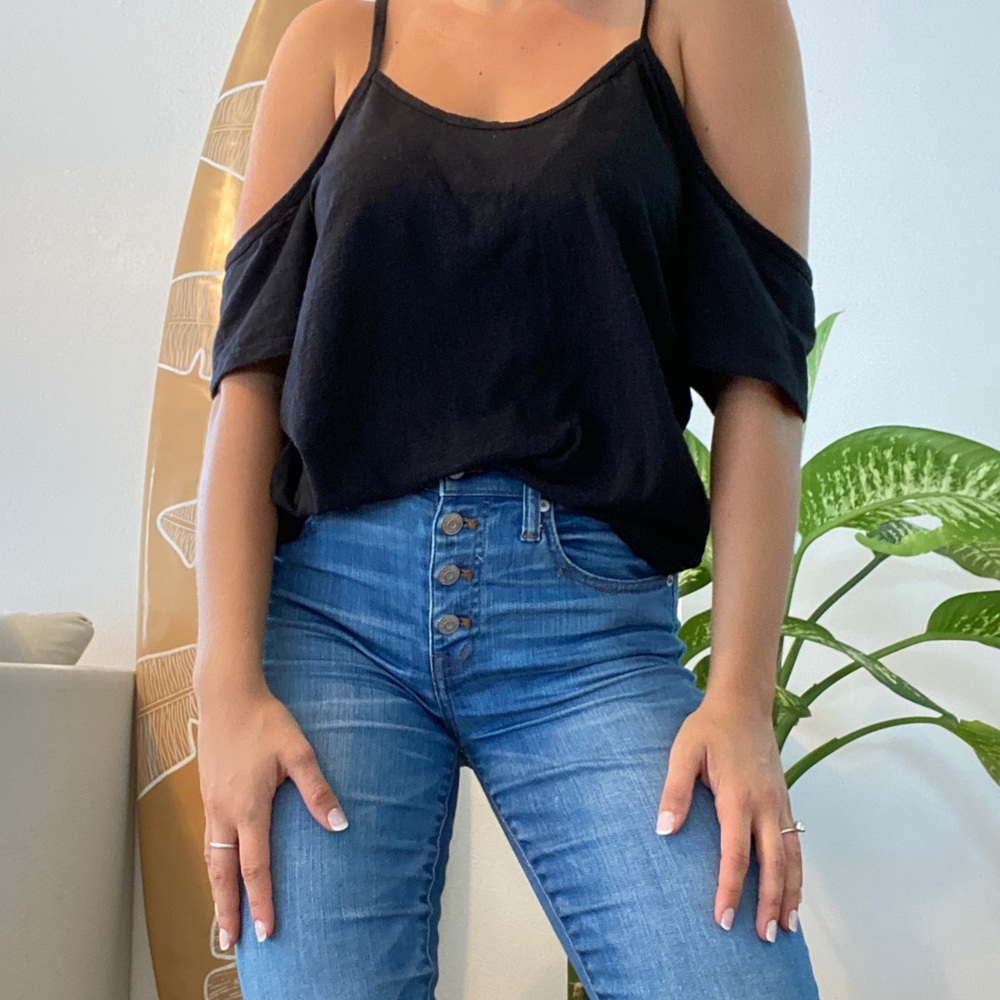 LNA Off The Shoulder Black Tee